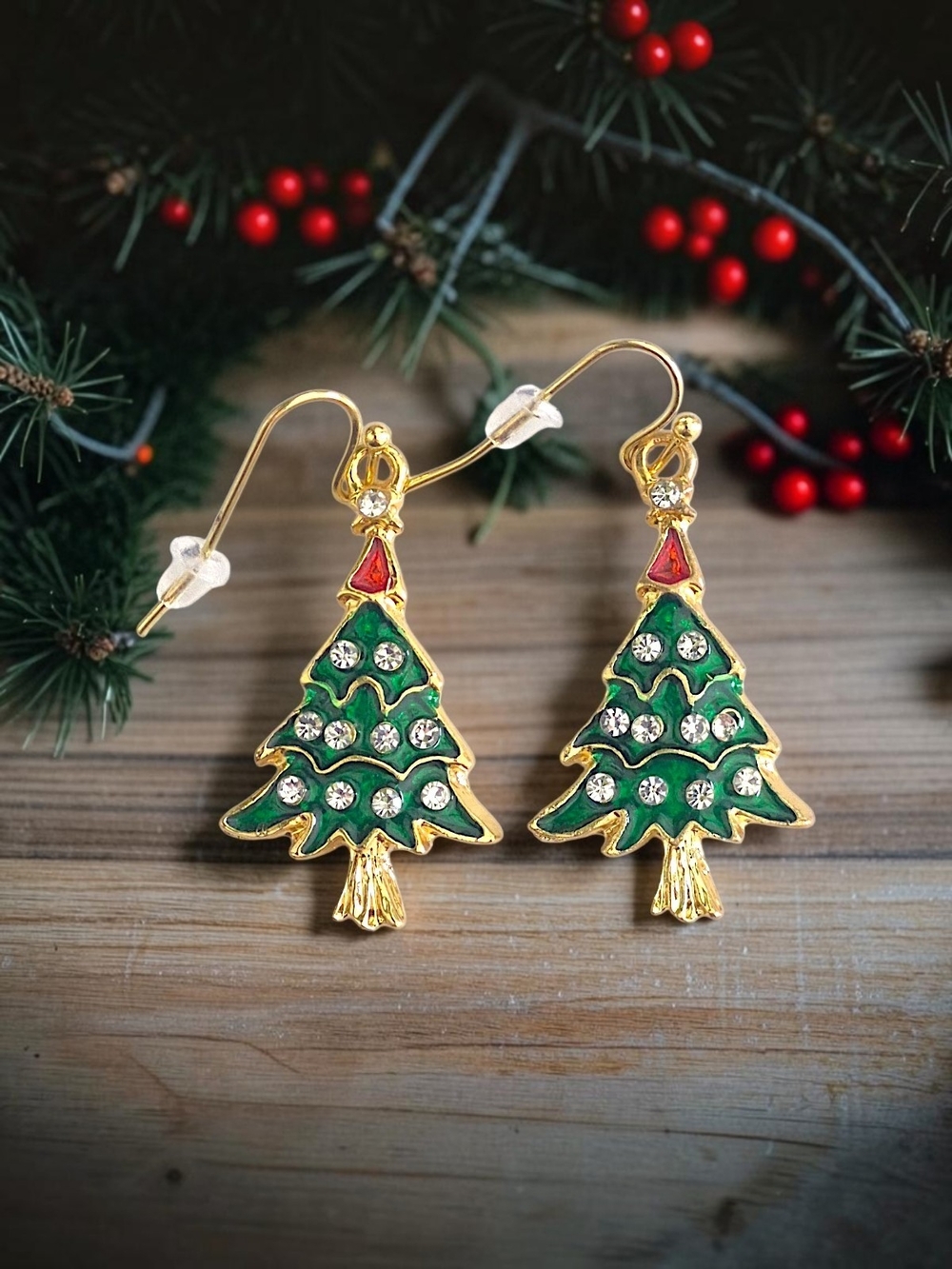 Festive Holiday Christmas Tree Earrings with Clear Rhinestones & Gift Box